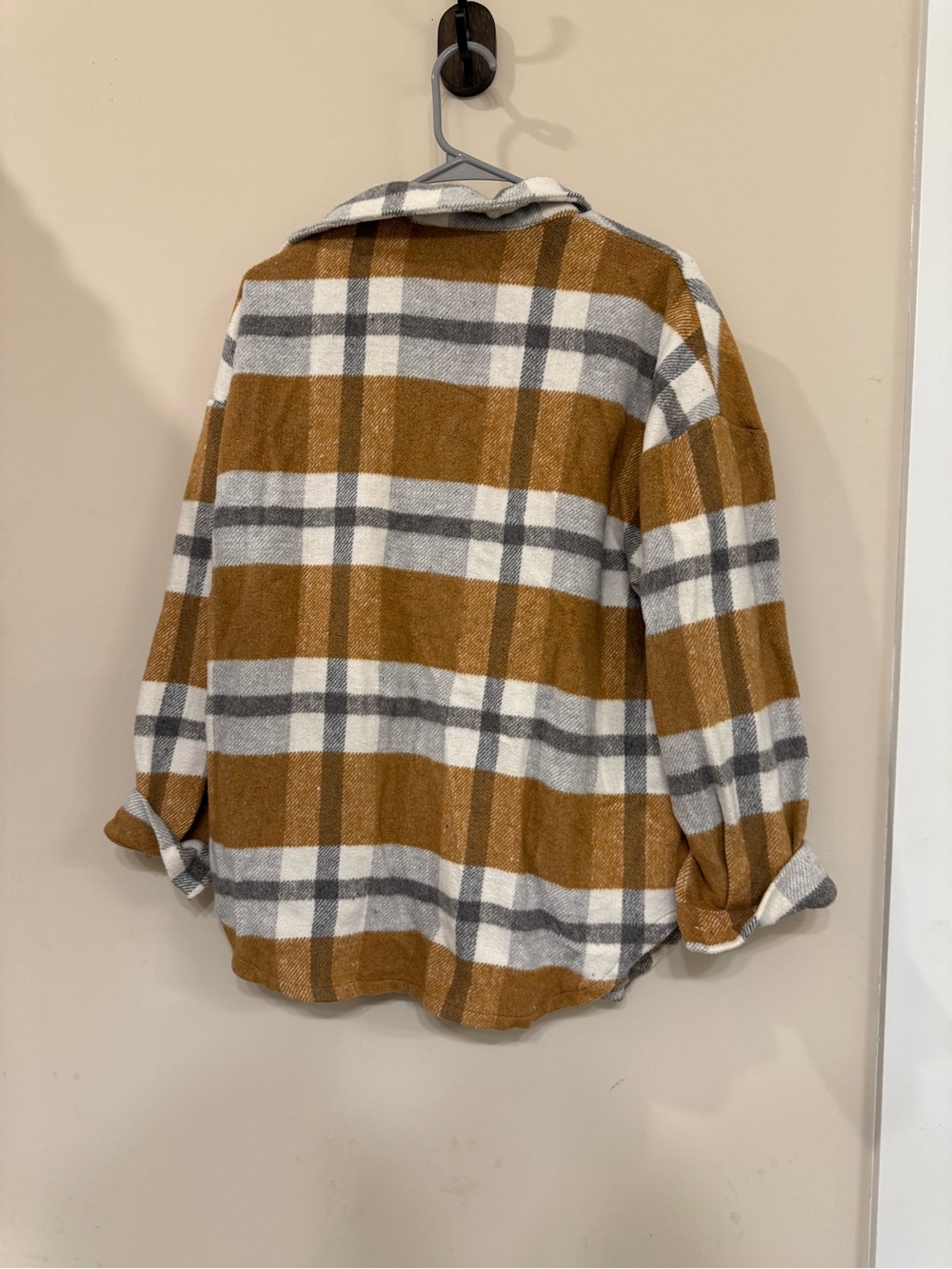 Lightweight Plaid Shirt Jacket - Camel, White & Gray